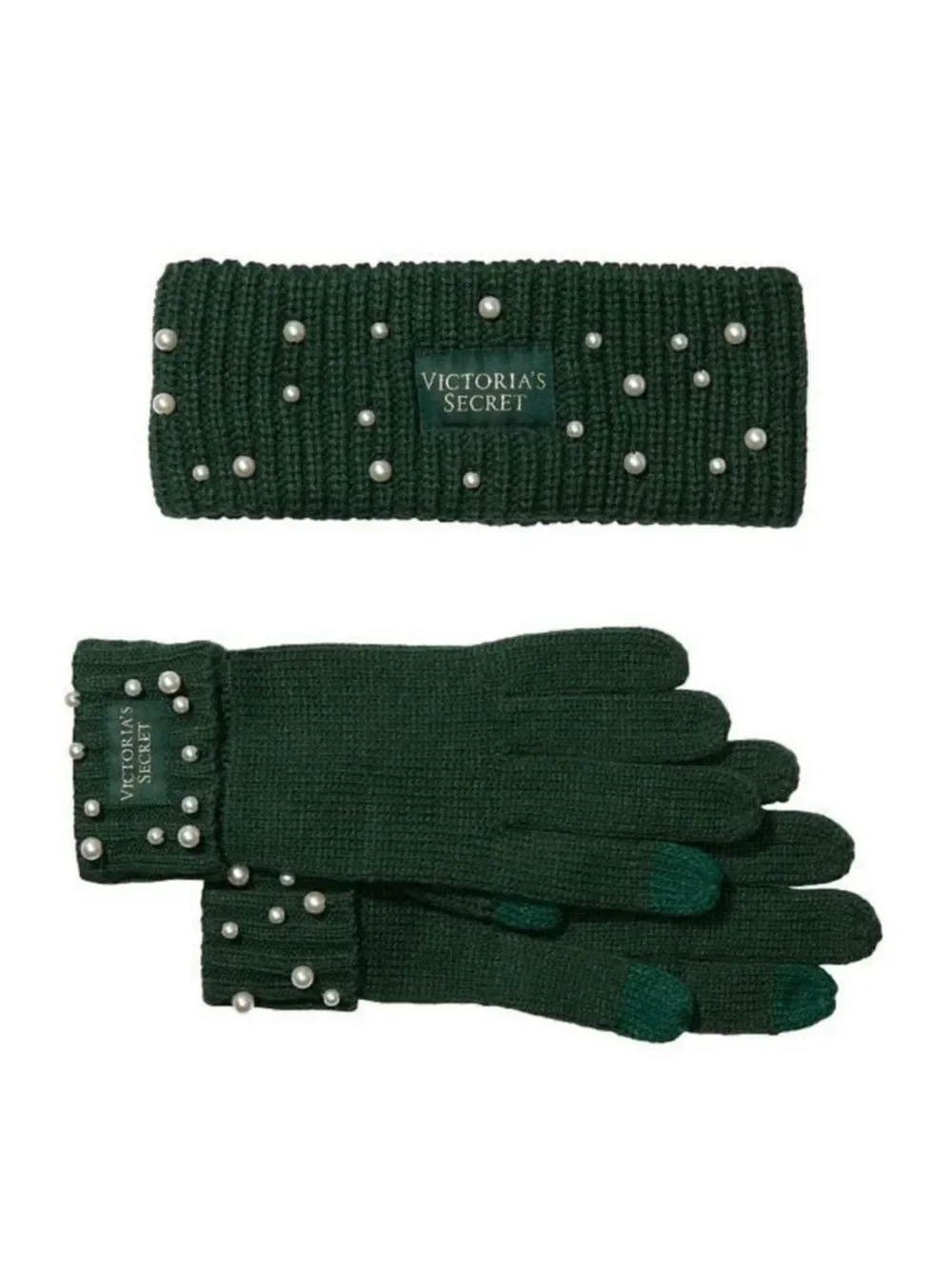 VS Green White Faux Pearl Knit Headband Ear Warmer & Gloves Gift set